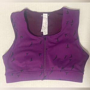 Oiselle Purple Sports Bra with Black Bird Pattern